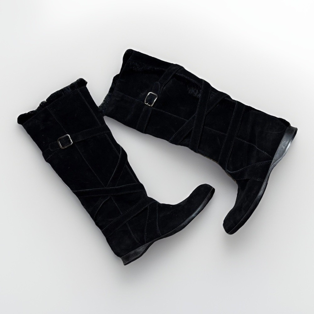 HOGAN $925 Italy Boots Suede Leather Black Solid Real Fur Trim Strappy US Sz 9.5